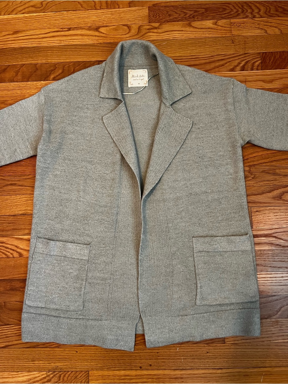Altar'd State Heather Gray/Green Open Front Lapel Cardigan Sweater with Pockets